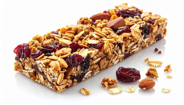 Homemade granola bar isolated on white background, healthy snack photography