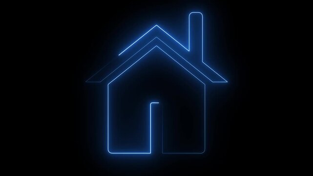 Glowing white neon continuous line house icon with chimney animated on dark black background. Minimal modern architectural vector style home illustration symbol for real estate,