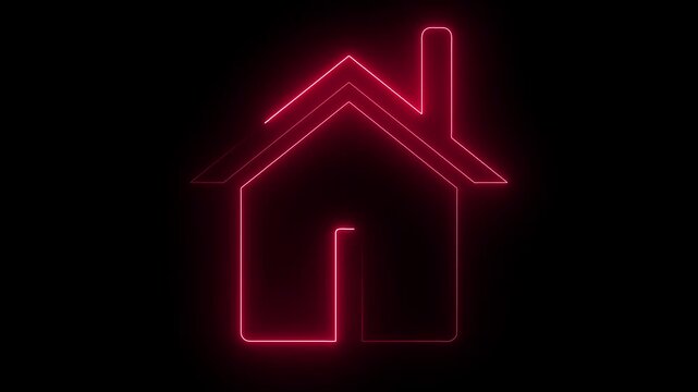 Glowing white neon continuous line house icon with chimney animated on dark black background. Minimal modern architectural vector style home illustration symbol for real estate,