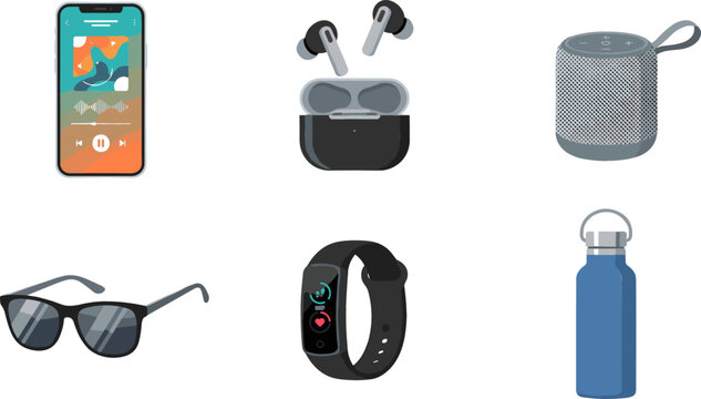 Modern Gadgets Lifestyle Vector Set with Smartphone Earbuds Bluetooth Speaker Sunglasses and Smartwatch for Commercial Product Branding