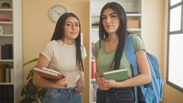 Two women students holding books and one wearing a backpack, finger to lips for silence in a library study area; secretive friendship focus.