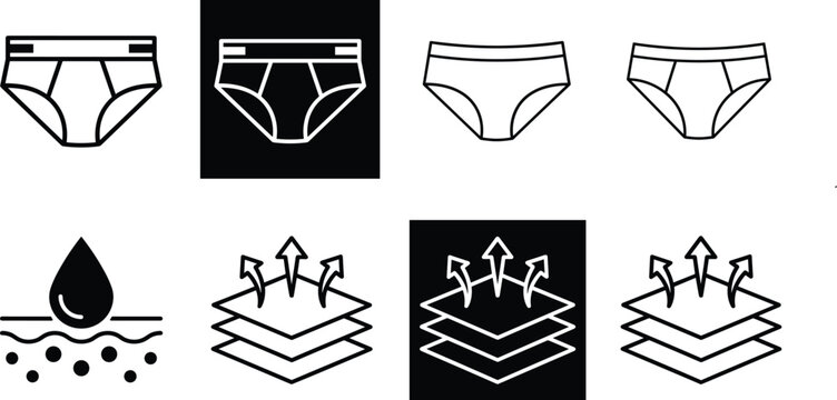 Men underwear and breathable fabric properties icons set featuring line outline briefs water absorption and material layers protection
