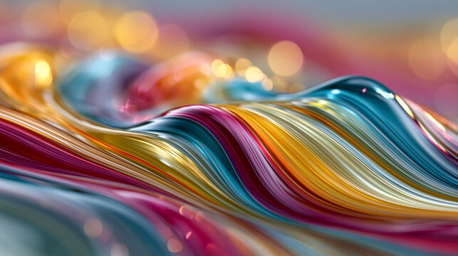 An abstract, close-up macro photograph of surreal, smooth flowing fluid waves with vibrant colors and soft golden bokeh highlights.