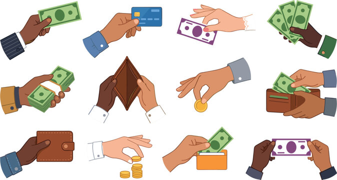 Hands holding money cash wallet vector set featuring diverse hands with credit card dollar bills coins and payments elements