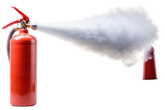 Red fire extinguisher spraying white smoke isolated on transparent background isolated on a transparent background