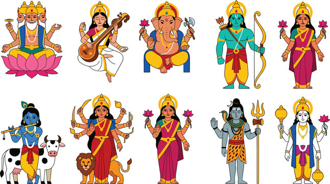 Hindu gods and goddesses vector cartoon character set with Ganesha Shiva Krishna Lakshmi Durga traditional deities collection for design,
