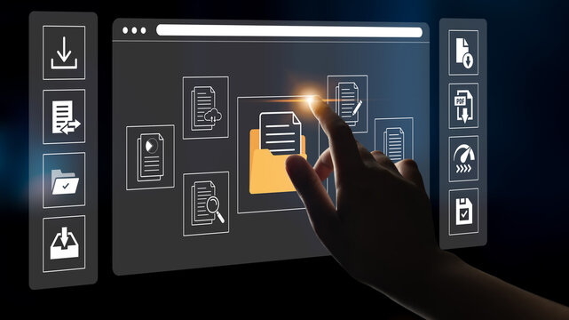 Hand Interacting with Virtual User Interface for Document Management System in a Dark Environment with Interactive Elements. Glyphic.