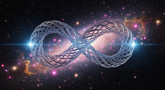 Metallic 3D infinity symbol floating in a vibrant outer space nebula.