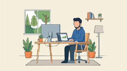 Fototapeta premium Young man working on laptop and desktop computer in home office illustration