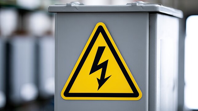 Grey electrical box with yellow and black high voltage warning symbol