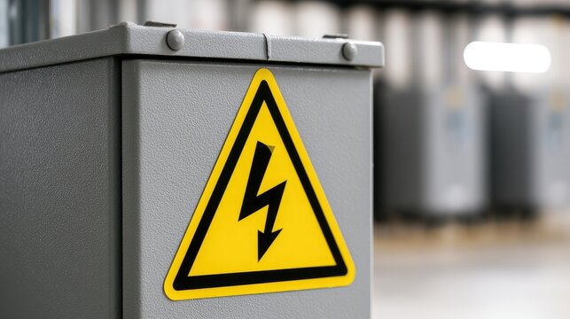 Gray electrical box with yellow warning triangle and lightning bolt symbol