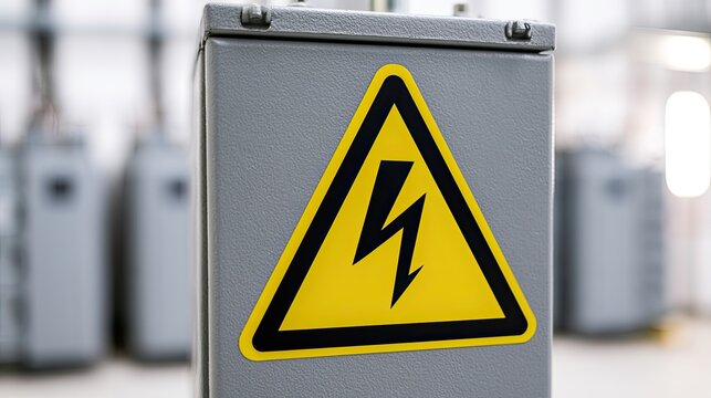 Gray enclosure with prominent yellow triangle warning sign for electricity