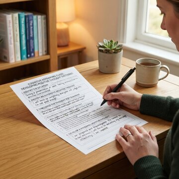 Hands filling out a mental wellness assessment form at home, self evaluation, emotional health tracking and personal care planning.