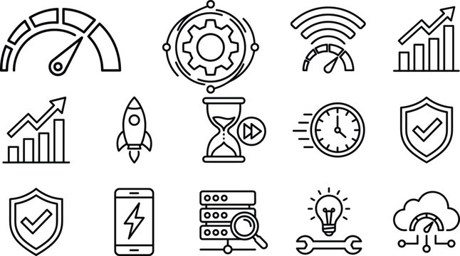 Performance optimization outline icon set featuring speedometer internet speed growth charts rocket data server hourglass and protection shield