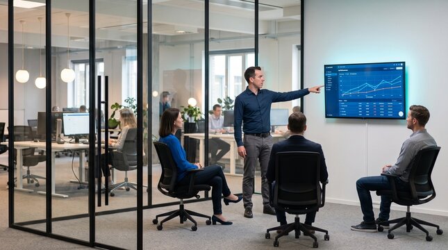 Business team presentation with data charts on screen in modern office meeting room