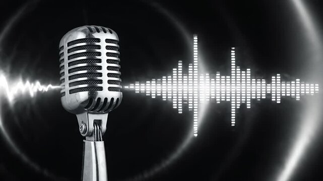 Vintage silver microphone with glowing digital pulse sound wave.
