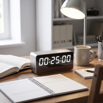 Digital focus timer on a study desk for Pomodoro sessions, exam preparation, productive learning and effective time management.