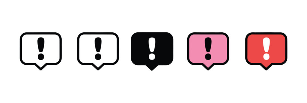 Notification Alert Message Bubble Icon Set with Exclamation Mark, Warning and Attention Symbols in Outline and Filled Styles