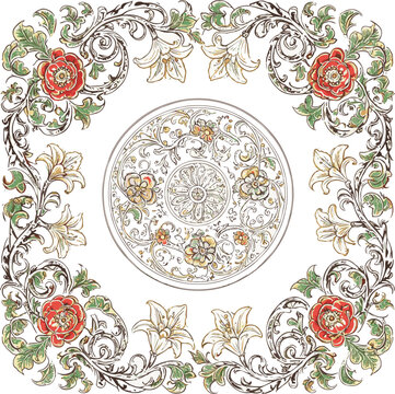 Created on Hand drawn Floral vintage Medieval illuminati manuscript inspiration. Romanesque style with vector art on white background