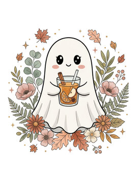 Cute ghost drinking apple cider surrounded by autumn leaves