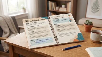 Obraz premium Woman studying a wellness workbook at home, personal development, self reflection, mental health learning and organized growth planning.