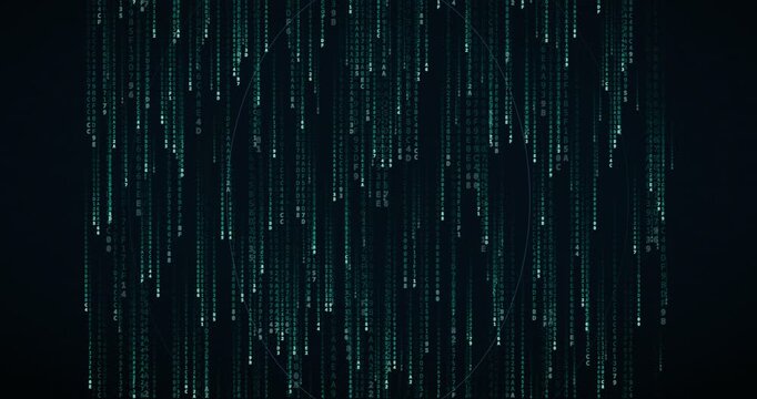 Hexadecimal code symbols cascade down in a deep, teal circuit animation with a center-depth tunnel effect.