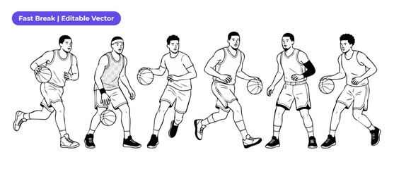 Fototapeta premium Basketball player vector line art set of male athletes dribbling ball in fast break action motion poses, black white outline line art illustration clipart set for sports active fitness graphic design.