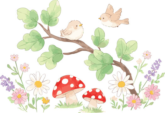 Created on Watercolor illustration features leaves, trees, birds,fiowers and mushrooms with vector art on white background
