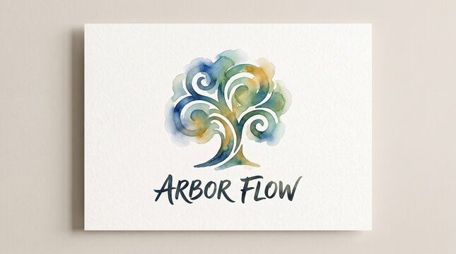 Artistic watercolor tree logo with swirling branches and text Arbor Flow on white card background