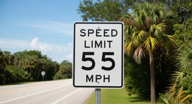 Speed Limit Sign 55 MPH In Lush Tropical Environment