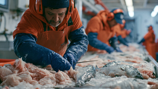 Fishmongers in orange uniforms filleting frozen fish at seafood processing workplace with PPE and safety gear