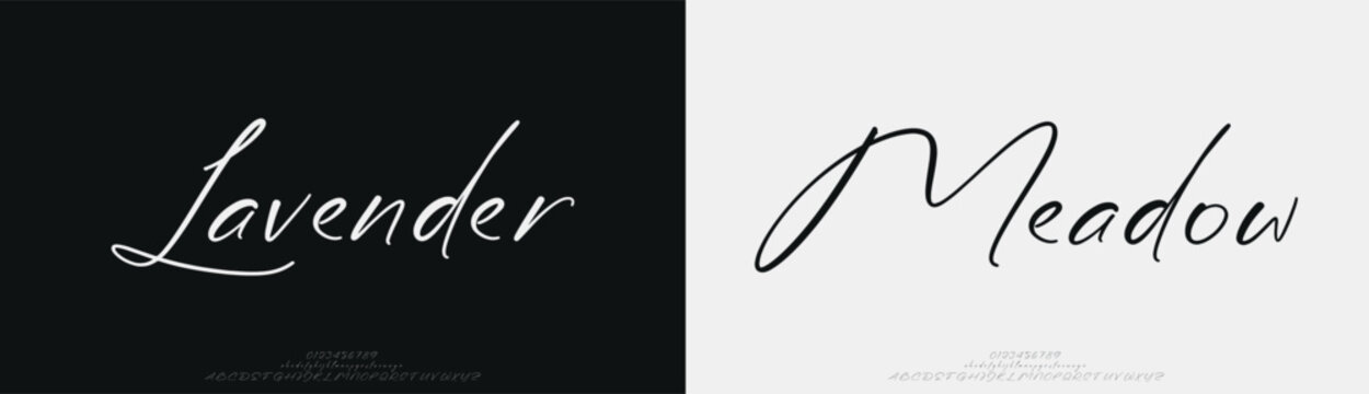 Lavender Meadow, Signature script lettering font. Typography typeface uppercase lowercase and number. vector illustration
