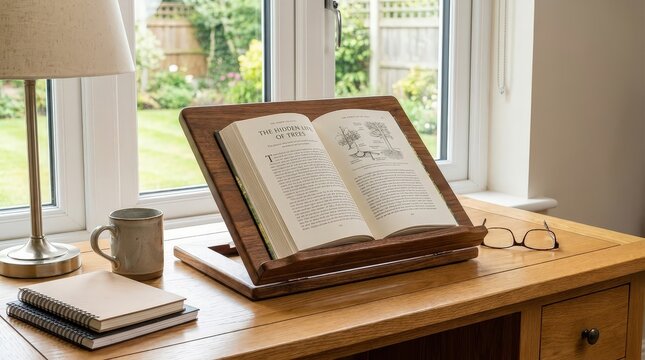 Open textbook displayed on a wooden book stand for comfortable reading, academic study, research and hands free learning.