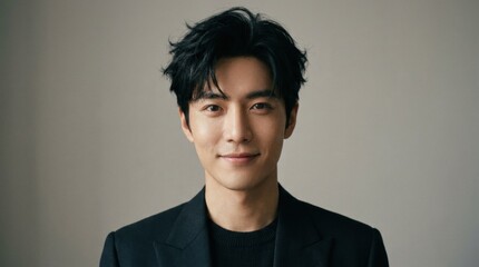 Obraz premium A professional studio portrait of a handsome young Asian man with dark hair, wearing a black blazer, looking at the camera with a gentle and confident smile.