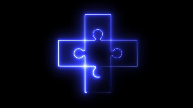 Glowing neon cross puzzle icon isolated teamwork puzzle success icon. Collaboration, puzzle pieces, cooperation, partnership, problem solving, business teamwork,4K Loop Motion Graphics..