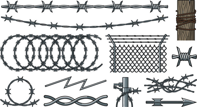 Barbed wire and security fence vector collection featuring razor wire coils steel chain link fencing boundary barriers wooden post and defensive military obstacle elements