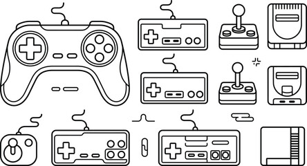 Retro video game controller gamepad joystick console icon set vector illustration outline line art isolated on white background © MstBabli