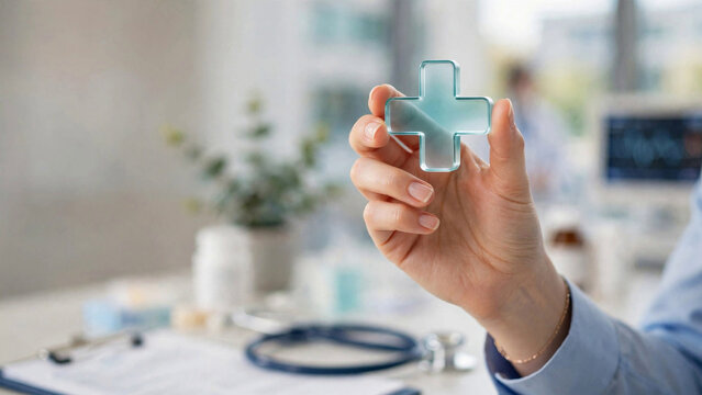 Woman hand holding plus icon for the healthcare medical icon. Health insurance concept. Benefits and Access to welfare health, doctors, hospitals, treatment with copy space