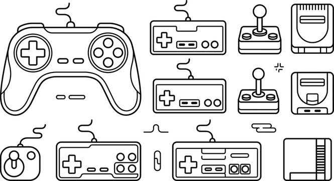 Retro video game controller gamepad joystick console icon set vector illustration outline line art isolated on white background