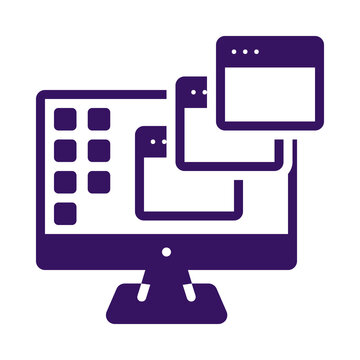 Computer screen displaying multiple open application windows and desktop icons metaphor for digital multitasking transparent background