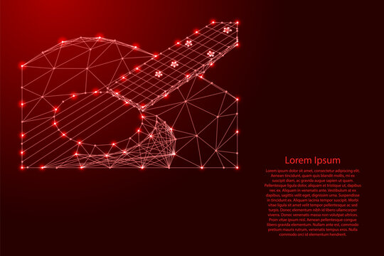 part of an acoustic guitar from futuristic polygonal red lines and glowing stars for banner, poster, greeting card