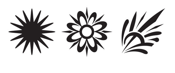 Fototapeta premium Three black decorative featuring a sunburst with thin rays, a floral star shape with petals, and an abstract sunburst explosion on a white background