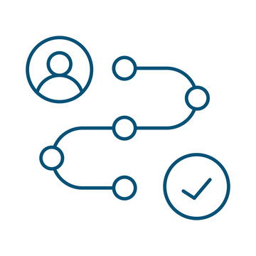 Conceptual icon representing a process flow with user steps and completion checkmark transparent background