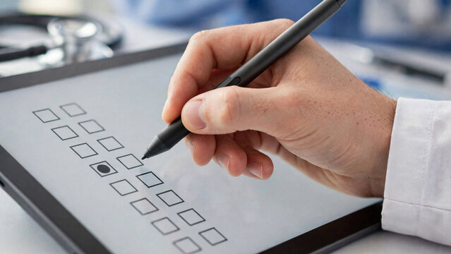 close-up for that concept  young GP's hand with stylus pen checking a box on a clean medical checklist tablet for OPD assessment and lifestyle diagnosis