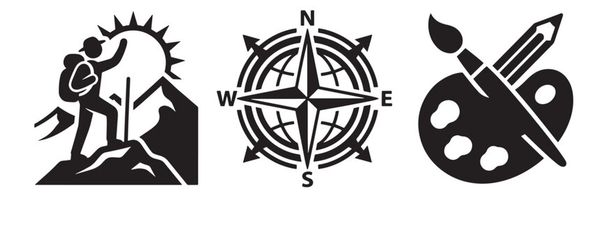 Three black depicting a hiker on a mountain, a compass rose, and an artist palette with a brush and pencil, isolated on a white background