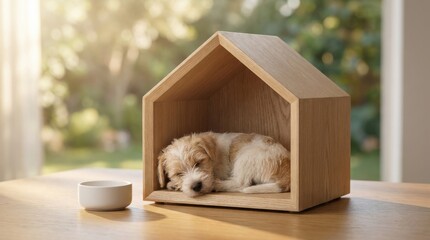 Plakat A small, adorable Jack Russell Terrier puppy sleeping peacefully inside a minimalist wooden house-shaped pet bed on a table, with a small water bowl nearby.