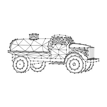 tanker truck for transportation of fuel from abstract futuristic polygonal black lines and dots