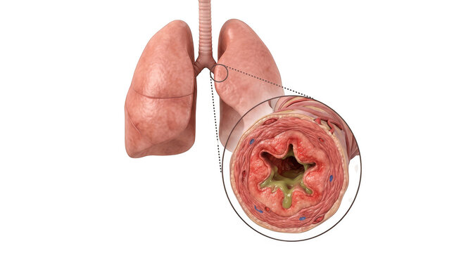 Human lungs anatomy with bronchial inflammation. Cross section of diseased bronchus airway.