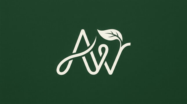 Elegant AW Monogram Logo Design Featuring A Stylized Leaf Element On A Deep Forest Green Background.