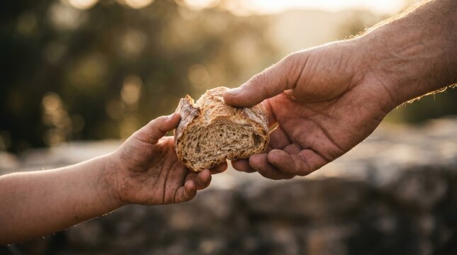 A close-up shot of an adult hand passing a piece of rustic bread to a child, symbolizing charity, kindness, and nourishment.
